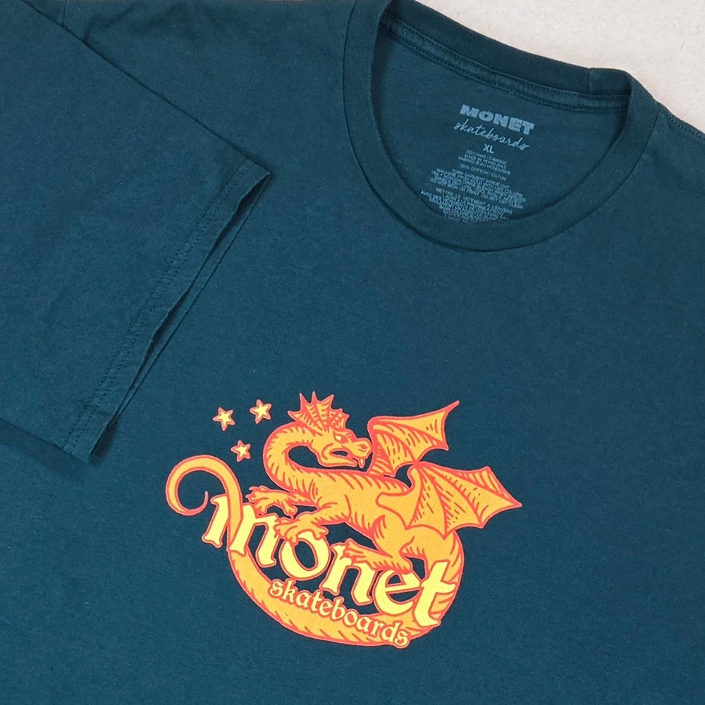Monet Skateboards XL Teal Green Dragon Graphic Tee Orange Skater Streetwear